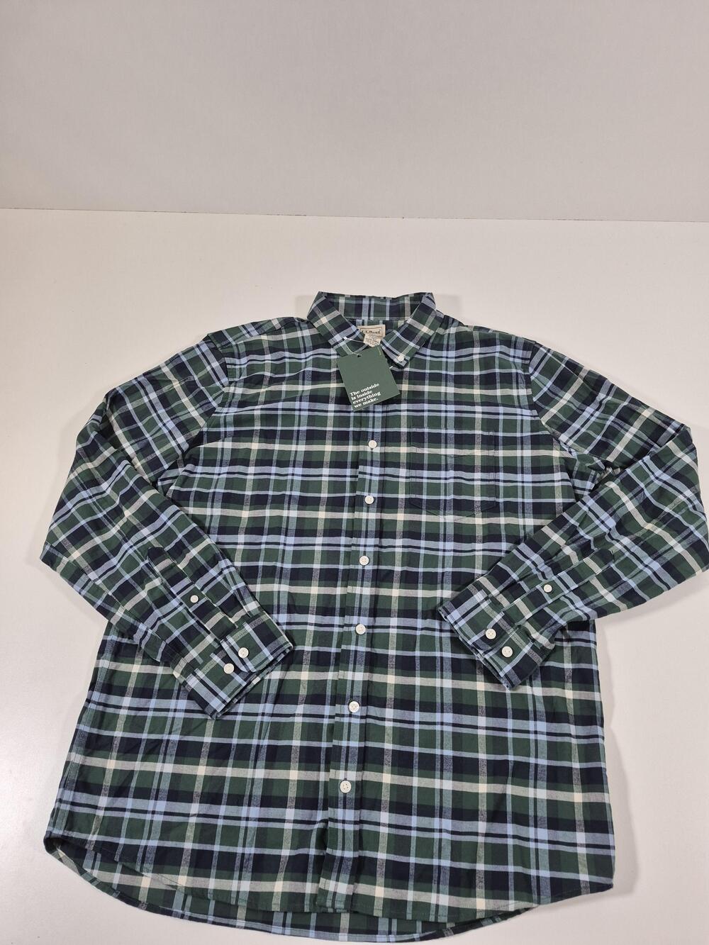 L.L. Bean Men's LT Deep Green Plaid Stretch Long Sleeve Button-Down Shirt